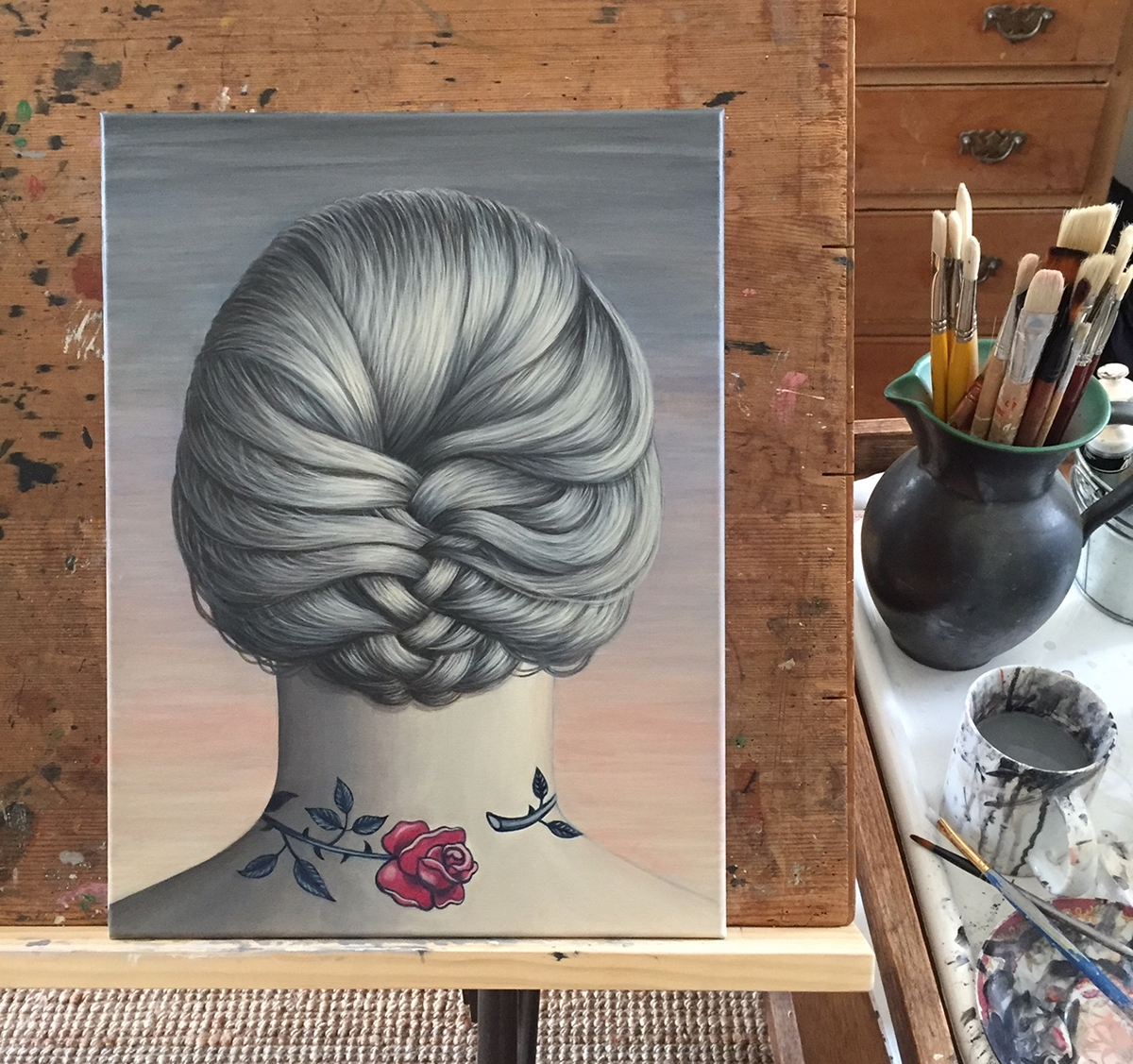 Rambling Rose, acrylic on linen, 40.5 x 30.5cm
